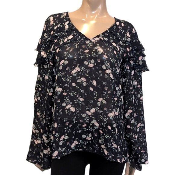 3/$20 Love Riche Boho Floral Top Long Sleeve Ruffled Vneck Womens Size Medium - Picture 1 of 11